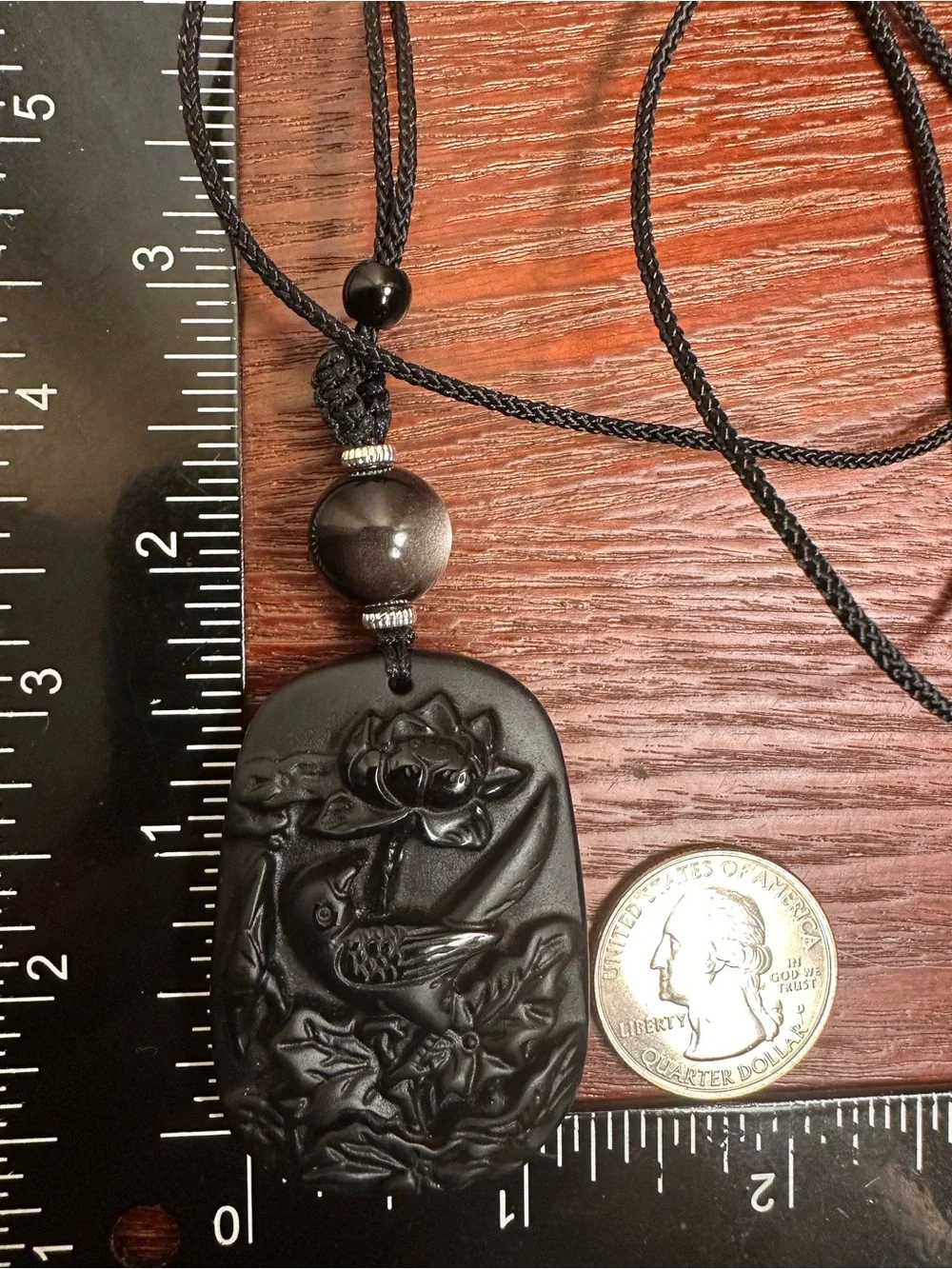 Obsidian Bird and Lotus Carving Pendant Necklace on Black Adjustable Rope